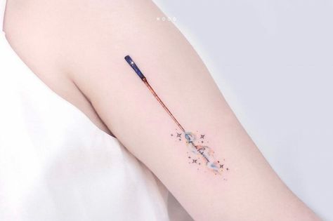 Wand Tattoo Ideas, Wizard Hat Tattoo, Wand Tattoos, Expecto Patronum Tattoo, Harry Potter Tattoo Ideas, Golden Snitch Tattoo, Snitch Tattoo, Blue Moon Tattoo, Purple Flower Tattoos