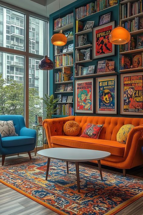 Blue Sofa Colorful Living Room, Living Room Primary Colors, Orange Sofas Living Room Ideas, Architectural Digest Living Room Cozy, Living Room Designs Bright Colors, Bright Bold Interior Design, Analogous Color Scheme Interior Design, Orange Armchair Living Room, Character Living Room