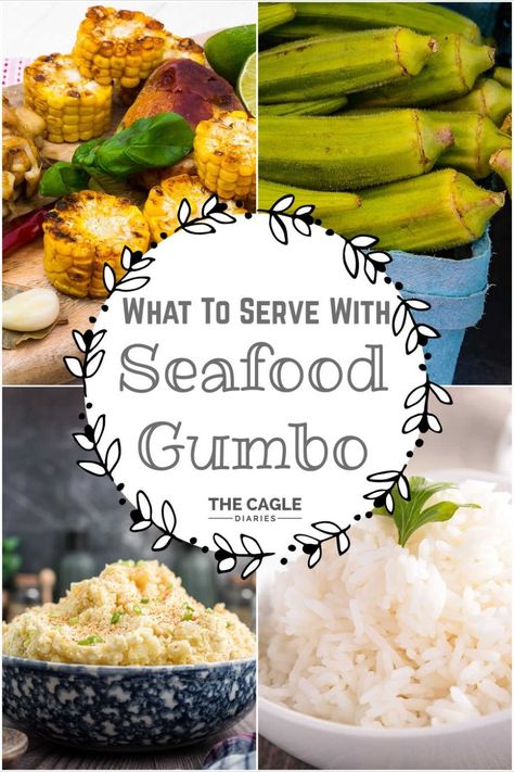 A compilation of recommendations of what to serve with seafood gumbo. From the traditional, to the totally optional. Side Dish For Gumbo, Gumbo Dinner Party, Gumbo Vegetables, Gumbo Party Ideas, Sides With Gumbo, Gumbo Dinner Sides, Gumbo Sides Dishes, Gumbo Side Dishes, Sides For Gumbo