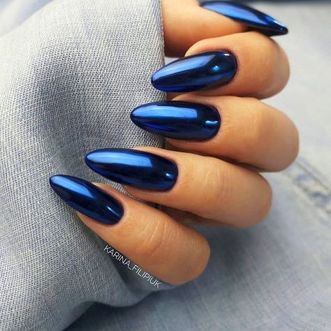 Blue Chrome Nails, Chrome Nails Designs, Indigo Nails, Chrome Powder, Almond Nails Designs, Metallic Nails, Chic Nails, Chrome Nails, Nail Kit