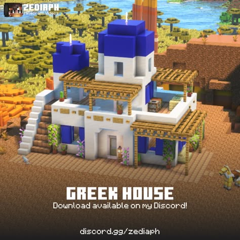 A Greek Santorini House Building from Zediaph's Tutorial Videos! - Download my builds on Patreon! #zediaph #minecraft #minecraftbuilding Greek Castle Minecraft, Greek Village Minecraft, Roman Buildings Minecraft, Minecraft Greek City, Minecraft Greece Builds, Greek Buildings Minecraft, Minecraft Santorini, Minecraft Roman House, Greek Mythology Minecraft Builds