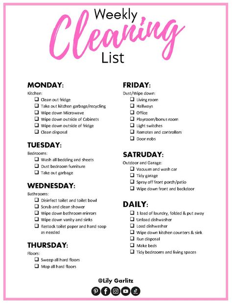 Household Necessities List, Cleaning To Do List, Weekly Cleaning List, Deep Cleaning Checklist, Cleaning Schedule Printable, Apartment Checklist, Home Management Binder, House Cleaning Checklist, Weekly Cleaning