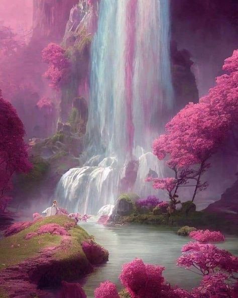 Pink Fantasy World, Fantasy Landscape Art Nature, Feywild Aesthetic, Fantasy Fields, Pink Forest, Dreamy Artwork, Dreamy Landscapes, Fantasy Forest, Fantasy City