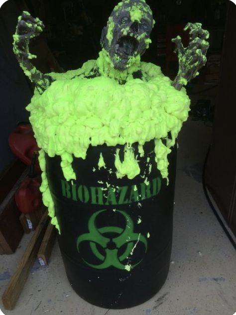 How To Make Zombies For Halloween, Hazmat Halloween Decorations, Halloween Biohazard Decor, Zombie Theme Halloween Party, Nuclear Halloween Decor, Zombie Diy Decorations, Bio Hazard Halloween Decor, Zombie Apocalypse Halloween Decorations, Zombie Decorations Outdoor