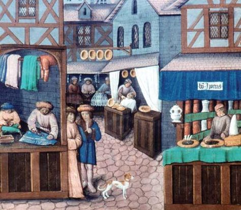 Paris: "There are delightful libraries, sweeter than spices; there are rich parks of all kinds of books" (R. of Bury) Medieval Street, Medieval Market, Medieval Paintings, Late Middle Ages, Medieval Life, Book Of Hours, Medieval Manuscript, Medieval Times, Medieval Period