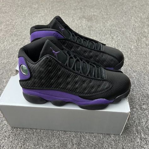 Air Jordan 13 Retro "Court Purple" Nike Air Jordan 13 Retro, Jordan 13 Court Purple Outfit, Purple And Black Jordans, Jordan Retro 13 Outfit, Retro 13 Jordans, Purple Jordans, Jordan Retro 13 Black, Jordan 13 Court Purple, Leopard Eyes