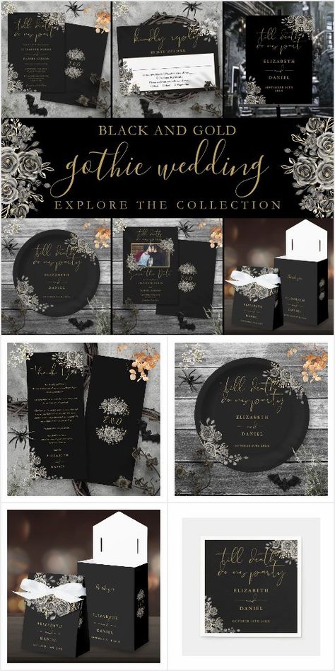 Vintage Gothic Wedding Invitations, Gothic Wedding Invites Invitation Ideas, Black Gold Invitation, Gothic Wedding Save The Date, Black Floral Gothic Wedding Dress, Gothic Wedding Program, Gothic Roses, Wedding Motif, Gothic Wedding Invitations