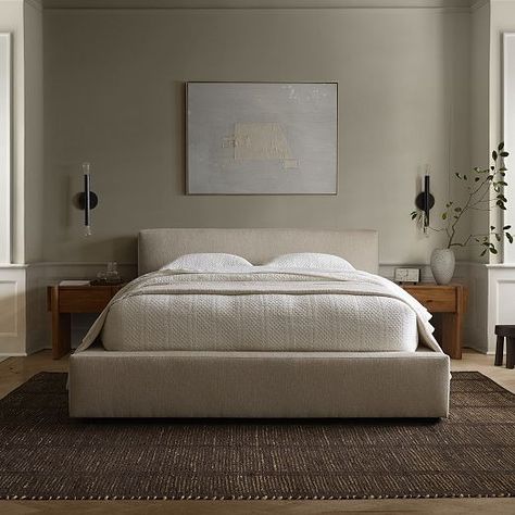 Modern Quilts & Coverlets | West Elm Leather Bed Frame Bedroom Ideas, Platform Upholstered Bed, Cream Upholstered Bed, Bed Upholstered Headboard, Bed Frame Beige, Bedroom Upholstered Bed, Boucle Bed, Linen Upholstered Bed, Bed Inspiration