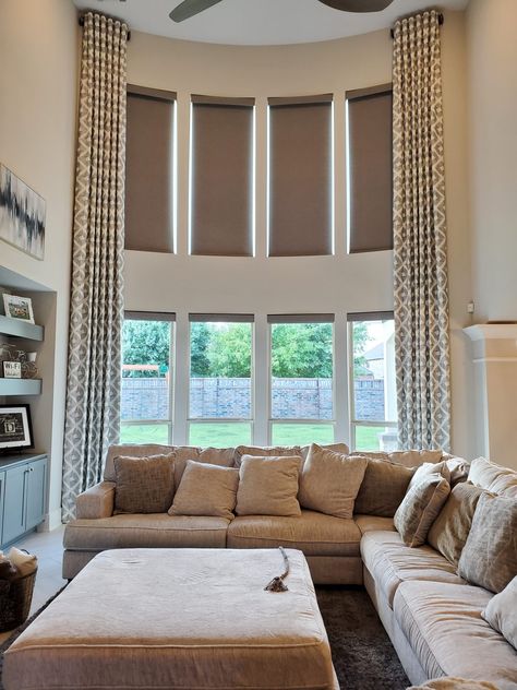 Curtain Rods For Large Windows Living Room, Blinds For Two Story Windows, High Window Treatments, Two Story Window Treatments, 2 Story Window Blinds, Two Story Living Room Window Treatments, 2 Story Family Room Window Treatments, Tall Windows Living Room, 2 Story Family Room Window