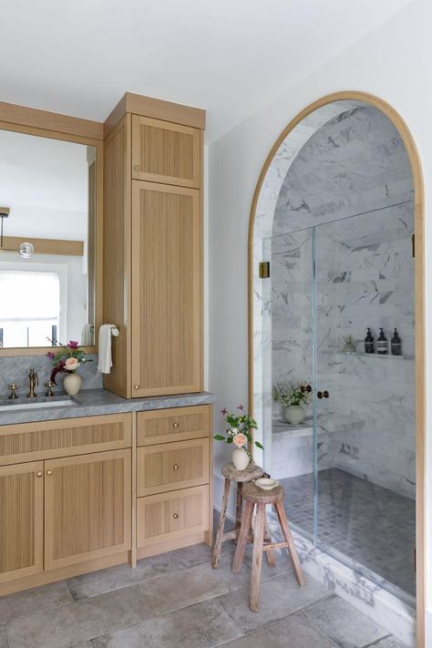 Inspiring Spa-Like Bathrooms | HGTV Bathroom With Archway, Shower Archway Master Bath, Shower Archway, Arched Shower Entrance, Arch In Bathroom, Arched Shower Door, Walk In Shower Next To Vanity, Shower Arch, Arched Bathroom Door