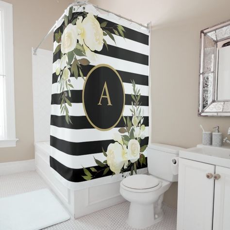 Striped Shower Curtain, Shower Curtain Monogram, Gray Shower Curtains, Black White Bathrooms, Ros Gold, Black And White Interior, Striped Shower Curtains, Custom Shower Curtains, Black And White Decor