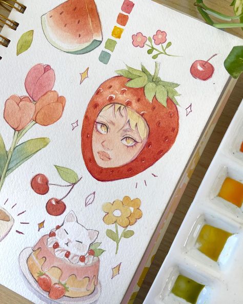 Filling up this sketchbook page with some colorful fruits and foods 🍓🍉🍒 I’m seriously thinking on turning these into stickers? What do you think? . . Llenando una hoja de mi sketch Book con algunas frutas y comidas coloridas 💖 Realmente estoy pensando en convertir esos dibujos en stickers! qué opinan? #sketchbook #sketchbookart #cuteart #watercolorart #watercolor #illustration #artistsoninstagram #artoftheday #catart #kawaiiart Sketch Fruit, Watercolor Food Art, Sketch Book Pages, Sketchbook Pages Inspiration, Fruits Illustration, Fruit Drawing, Potrait Painting, Sketchbook Watercolor, People Coloring Pages