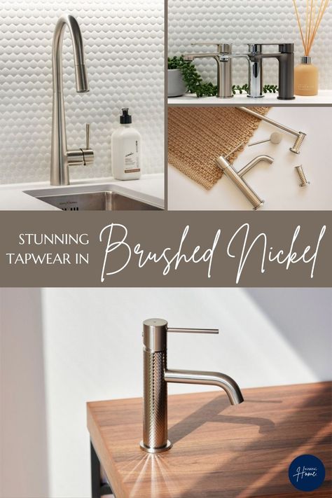 Montage of brushed nickel tapware products for bathrooms and kitchens. Chrome Taps Bathroom, Brush Nickel Bathroom Fixtures, Brushed Nickel Bathroom Fixtures, Brushed Nickel Tapware, Nickel Tapware, Bathroom Fixtures Brushed Nickel, Laundry Powder Room, City Interior, Brushed Nickel Kitchen