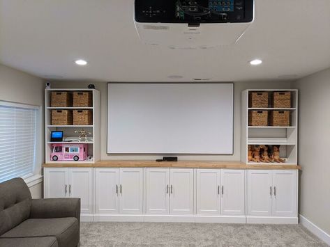 Diy Ikea Built Ins, Ikea Built Ins, Diy Built Ins, Ikea Havsta, Basement Built Ins, Home Theater Room, Ikea Built In, Tv Built In, Built In Entertainment Center