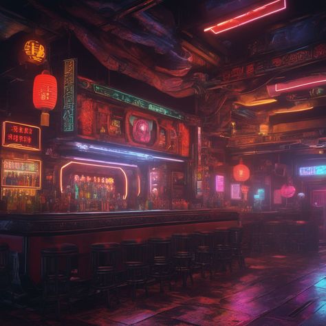 Nightclub Concept Art, Sci Fi Bar, Bar Concept Art, Aesthetic Shanghai, Cyberpunk Bar, Japanese Vaporwave, Underground Bar, Basement Bar Designs, Bar Designs