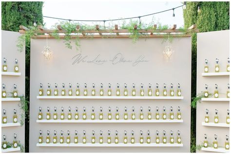 Olive Oil Seating Chart, Seating Chart Wedding Favors, Wine Seating Chart, Lemon Wedding Decor, Viansa Winery, Olive Oil Wedding Favors, Wedding Reception Cocktail Hour, Olive Oil Favors, 2024 Creative