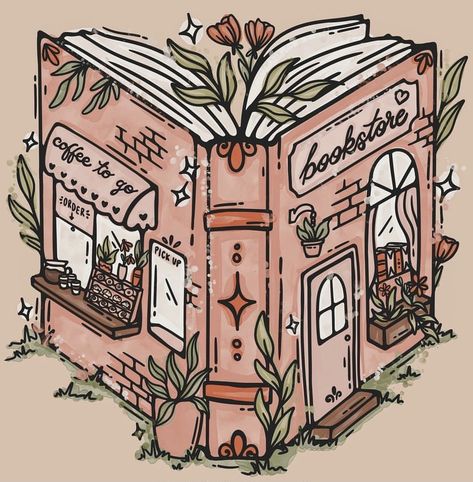 Reading Nook Illustration, Plant Book Aesthetic, Book Worm Drawing, Old Book Drawing, Bookstore Drawing, Bookshelf Drawing, Bookshelf Illustration, Booktok Stickers, Reading Books Illustration