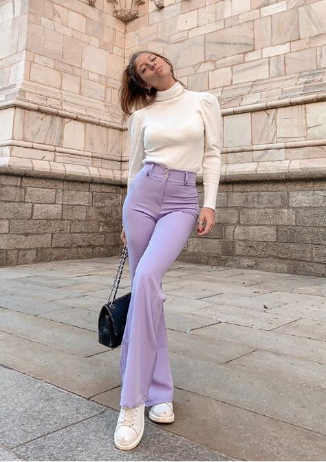 Purple Cream Outfit, Purple Pants Outfit Winter, Purple Flare Pants Outfit, Lilac Jeans Outfit, Violet Pants Outfit, Lavender Jeans Outfit, Lavender Pants Outfit, Purple Pants Outfit, Lavender Jeans