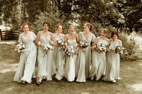 Sage Green bridesmaids with white flowers Sage Green Bridesmaids, Rustic Signage, Breakfast Tables, Fresh Floral Arrangements, Rural Wedding, Country Style Wedding, Wedding Company, Green Bridesmaid, Wedding Styling