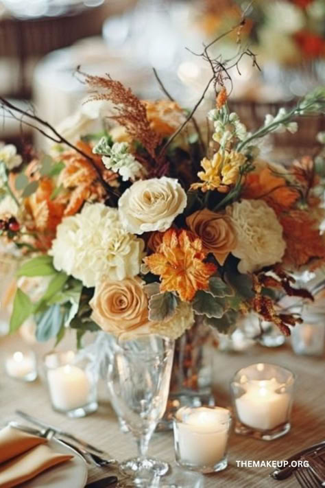 Stunning Fall Wedding Centerpieces: Tips, Colors, and Ideas Fall Wedding Centerpieces Long Table, Autumn Centerpieces Wedding, Fall Centerpieces Wedding, November Wedding Centerpieces, Fall Flower Centerpieces, Gala Centerpieces, Autumn Reception, Fall Scenes, Beautiful Fall Wedding