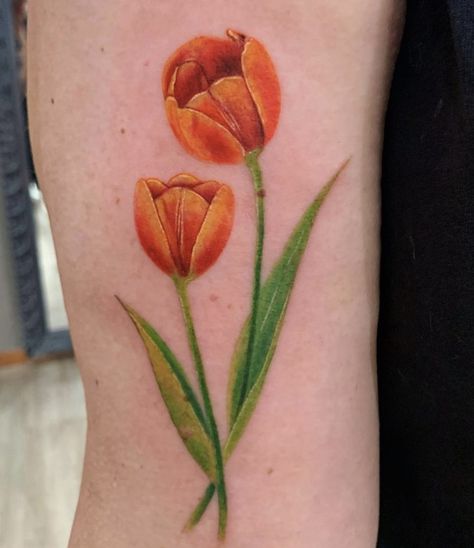 Orange Tulip Tattoo, Tulip Flower Tattoo, Moms Tattoo, Colour Tattoo, Tulip Tattoo, Irish Tattoos, Orange Tulips, Tulip Flower, Mom Tattoos