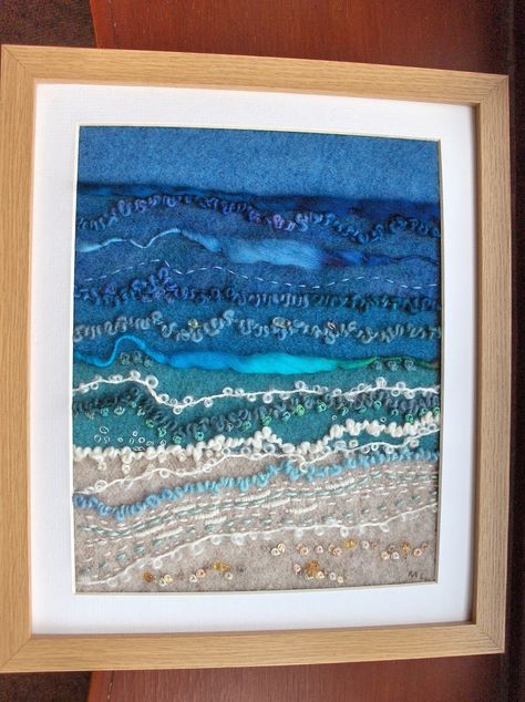 Seascape Quilts, Ethical Art, Framed Textile, Landscape Art Quilts, Weaving Loom Projects, Landscape Quilt, Textile Art Embroidery, Felt Pictures, Zero Waste Gifts