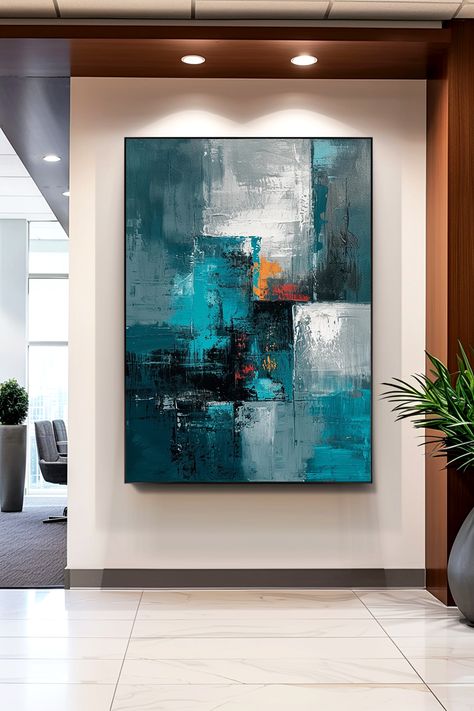 Original handmade teal abstract painting with white and orange accents, featuring bold brushstrokes and textured composition Teal Wall Art, Abstract Wall, Unique Artwork, Art Original, Abstract Wall Art, Brush Strokes, Room Makeover, Unique Pieces, Original Paintings