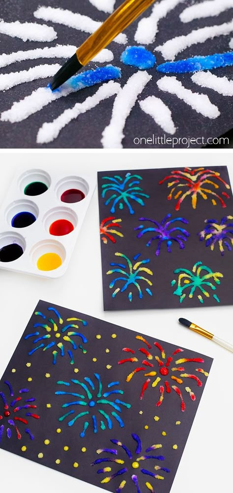 Fireworks salt painting is such a fun and easy craft idea for New Year's Eve, 4th of July, or any other fireworks holiday! With a little bit of salt and glue you end up with colorful puffy shapes with an awesome texture! These salt painted fireworks even stay puffy after they dry. It's such a fun process art project for kids! New Years Art Projects For Kids 2024, Salt Painting Fireworks, Firework Salt Painting, Baby Firework Craft, Firework Activities For Babies, New Years Eve Arts And Crafts For Kids, Salt Fireworks Craft, Firework Pictures Kids, Firework Kids Craft