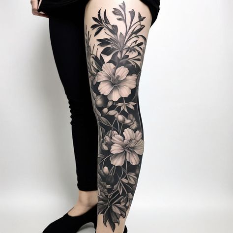 Leg Art Work... Black And Grey Leg Sleeve, Down Leg Tattoo, Whole Leg Tattoo, Floral Leg Sleeve, Floral Leg Sleeve Tattoo, Male Flowers, Tattoo Male, Leg Art, Leg Sleeve Tattoo