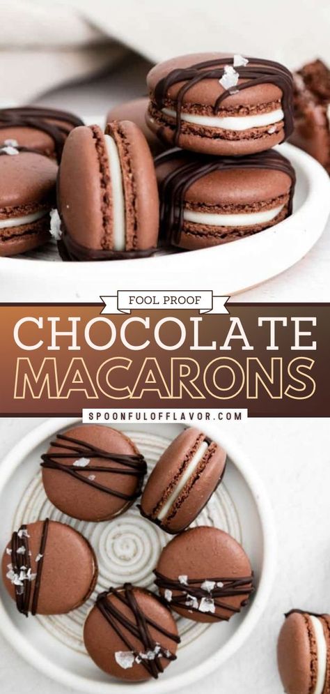 Chocolate Macarons are a delectable little cookie with a crispy outer shell and sweet filling. Follow this step by step tutorial and tips to make fool proof macarons. This recipe includes a salted… Fool Proof Macarons, Salted Caramel Filling, Fancy Chocolate, Flavor Combos, Chocolate Macarons, Macaron Filling, Chocolate Macaroons, Caramel Filling, Chocolate Macaron