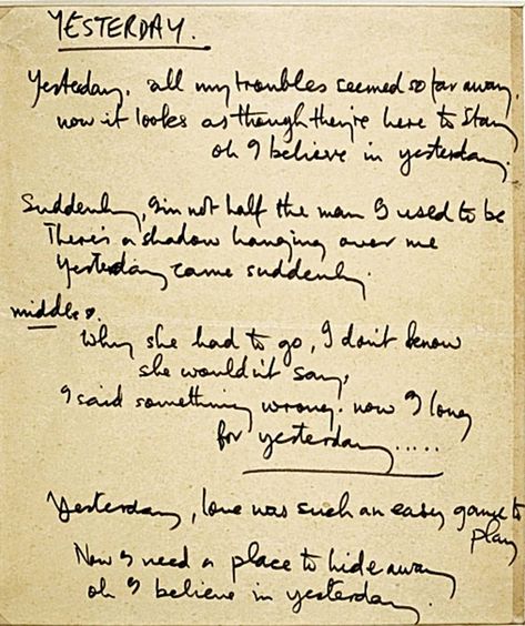 Yesterday handwritten Lyrics Yesterday Lyrics, Mccartney Family, Handwritten Lyrics, Famous Lyrics, Original Lyrics, The Beatles Yesterday, Beatles Wallpaper, Beatles Lyrics, Paul And Linda Mccartney