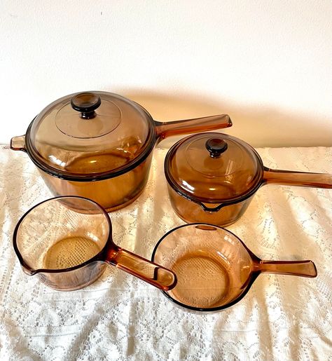 Vintage Bakeware, Sauce Pans, Color Vision, Log Cabin Decor, Range Top, Pots Pans, Mid Century Decor, Amber Color, Pyrex Vintage