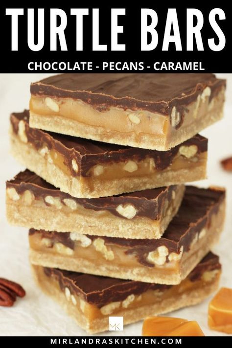 Chocolate. Gooey caramel. Shortbread. Pecans or walnuts:  These decadent turtle bars are easy to whip up with only 20 minutes of prep. The bars are made from rich buttery shortbread and gooey caramel full of pecans or walnuts all slathered with a thick layer of chocolate. Am I speaking your language yet? You need a pan of these! #chocolate #caramel #holidaycookie #christmas Luscious Recipes, Pecan Cookie, Turtle Bars, Dessert Squares, Caramel Shortbread, Favorite Christmas Recipes, Delish Desserts, Gooey Caramel, Buttery Shortbread