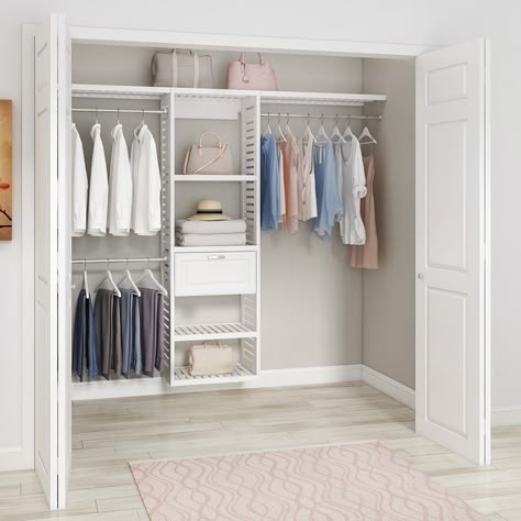 Upgrade your closet with this allen + roth premium wood ventilated closet kit. This wood closet kit will add style and functionality to your closet space. Each premium wood closet kit includes 1 ventilated closet tower, 1 raised panel drawer kit, two 3-ft ventilated shelves, and 3 expandable closet poles. The allen + roth white Wood Closet kit collection also offers additional accessories (sold separately), including a wood closet shelf and closet rod. allen + roth Hartford 5-ft to 8-ft W x 6.33 Closet Inserts, Home Depot Closet, White Wood Closet, Small Closet Makeover, Wood Closet Shelves, Small Closet Design, Closet Organization Cheap, Ikea Closet Organizer, Wood Closet Systems