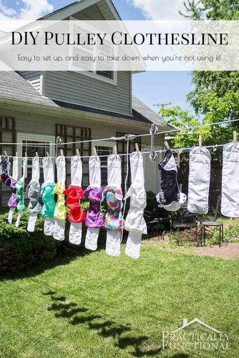 This tutorial shows you how to make a DIY pulley clothesline with a line tightener and clothesline spreaders to keep the line from sagging #diyprojects Clothes Lines Ideas Outdoor, Pulley Clothesline, Clothes Line Ideas, Line Drying Clothes, Clothesline Indoor, Clothesline Ideas, Diy Clothesline, Outdoor Clothes Lines, Clothesline Diy