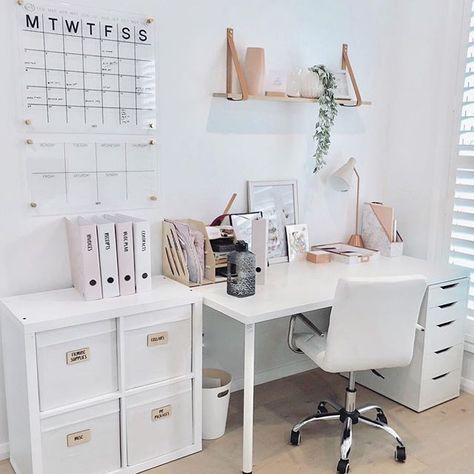 My Office 🥰 It’s getting there slowly! I went budget friendly so most items are from Kmart or IKEA😊 I find having a proper system makes… Desk Organisation, Office Organisation, Hiasan Bilik Tidur, Desk Layout, Desk Inspiration, White Desk, Dekorasi Kamar Tidur, Desk Areas, Study Room Decor