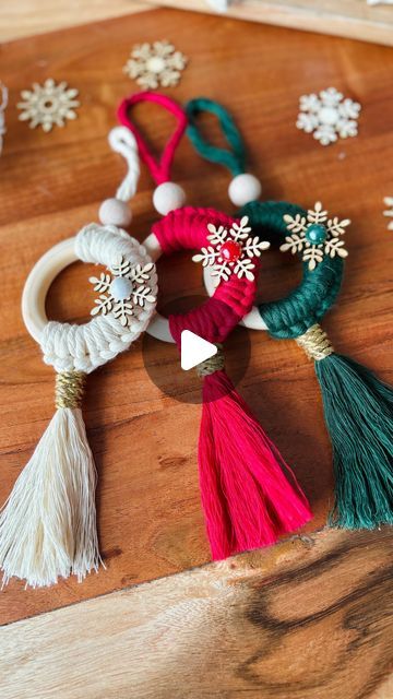 Macrame Ring Ornament, Yarn Bunting, Macrame Santa Ornament, Crochet Wooden Ring, Yarn Wrapped Ornaments, Yarn Christmas Ornaments, Christmas Decorating Hacks, Macrame Ring, Macrame Garland