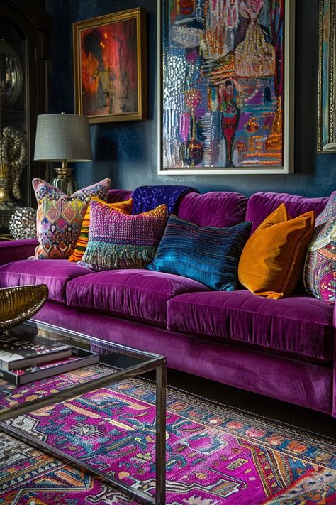 Jewel Tones Living Room, Dark House Design, Mezzanine Library, Jewel Tone Living Room, Dopamine Home, Funky Eclectic Decor, Purple Living Room Ideas, Maximalism Interior, Bohemian Style Living Room