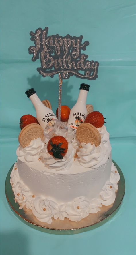 Strawberry cake with Vanilla Whip Cream Miniature Malibu liquor, Fresh Strawberries with Vanilla golden Oreos Malibu Cake Ideas, Malibu Birthday Cake, Birthday Cake Alcohol Theme, Malibu Cake, Birthday Cake Liquor, 21st Birthday Cake With Alcohol Bottles, Cake With Mini Liquor Bottles, 21st Birthday Cake Alcohol Mini Bottles, Alcohol Birthday Cake