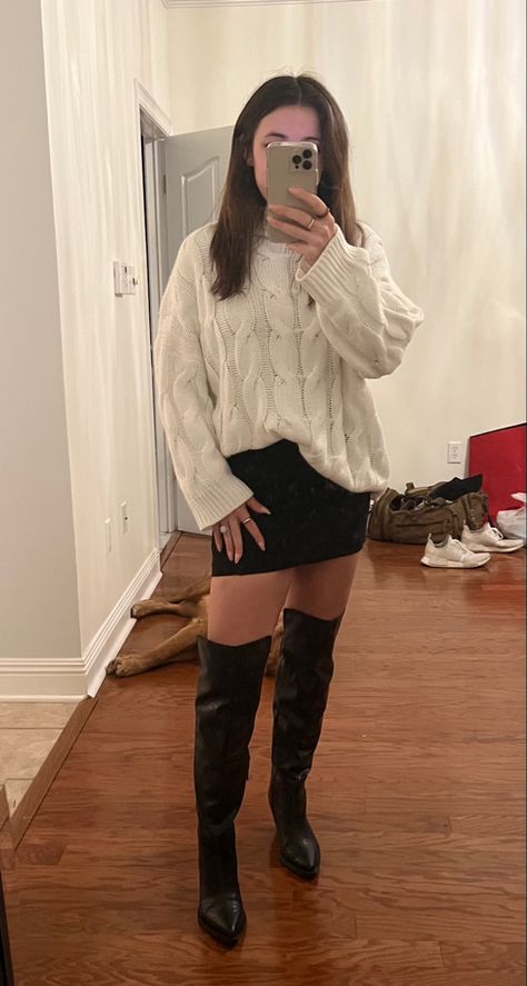 Oversized sweater. Black skirt. Over the Knee high boots Black Skirt With Sweater, White Sweater Black Skirt, Oversized Sweater With Skirt, Oversized Sweater And Skirt Outfit, Winter Dinner Outfit, Long Boots Outfit, Jumper And Skirt, White Oversized Sweater, Long Black Boots