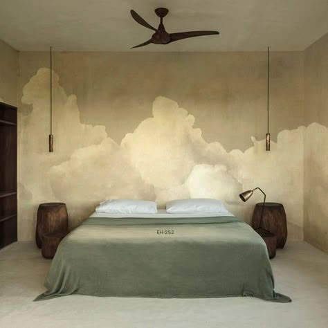 Abstract White Clouds Wallpaper Wall Mural, Hand Painted Creative Beautiful Blue/Green/Grey Clouds W Art On A Wallpaper Wall, Creative Wall Paneling, Wallpaper Wall Mural, Bedroom Mural Art, Modern Mural Wallpaper, One Wall Wallpaper Bedroom Ideas, In Home Murals, Bedroom Mural Wallpaper, Textured Wall Mural