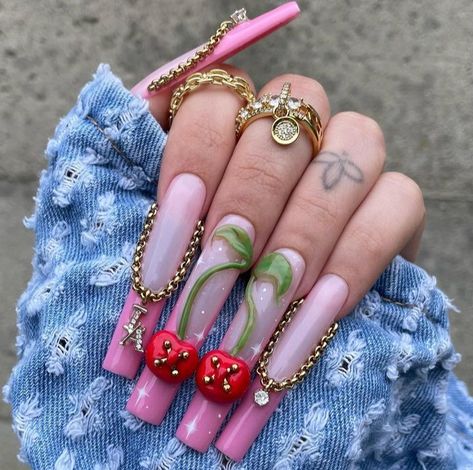 Nail Art Birthday, Nails Cherry, Nail Aesthetics, Curved Nails, Cherry Nails, Pink French, Design Nail, Art Birthday, Birthday Nails