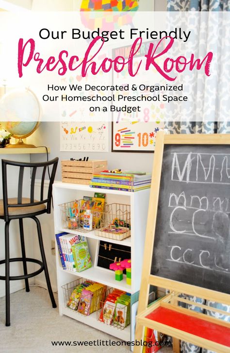 Our Budget Friendly Preschool Room: How We Decorated and Organized Our Homeschool Preschool Space on a Budget {Easy Design Tips for Creating a Fun and Inexpensive Preschool Room at Home} www.sweetlittleonesblog.com Preschool Corner At Home, Kids Learning Corner At Home, Learning Corner At Home Toddler, Homeschooling Corner, Homeschool Station, Homeschool Corner, Learning Room, Preschool Organization, Homeschool Room Design