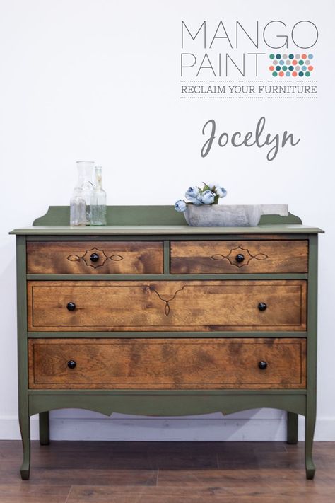 Natural Wood And Green Dresser, Green Dresser With Wood Drawers, Green Upcycled Furniture, Earthy Dresser, Green Wood Dresser, Olive Green Painted Furniture, Green Wood Furniture, Painted Dresser Ideas Boho, Earthy Furniture