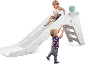 Arlopu Freestanding Kids Slide, Toddler Slide Climber with Basketball Hoop & Ball, Baby Playset w/Long Slope, for Boys and Girls Birthday, Sturdy Playground Toy for Indoor Outdoor (Grey White) Kids Climber, Baby Slide, Playground Toys, Toddler Slide, Playground Slide, Climbing Ladder, Kids Climbing, Baby Swings, Outdoor Playground