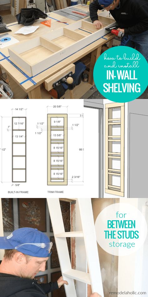 Remodelaholic | Adding Built-In Shelves for Bathroom In-Wall Storage In Wall Shelving, Between The Studs Storage, Storage In A Small Bathroom, Between The Studs, Built In Wall Shelves, Between Studs, Diy Shelves Bathroom, Shelves For Bathroom, Recessed Shelves