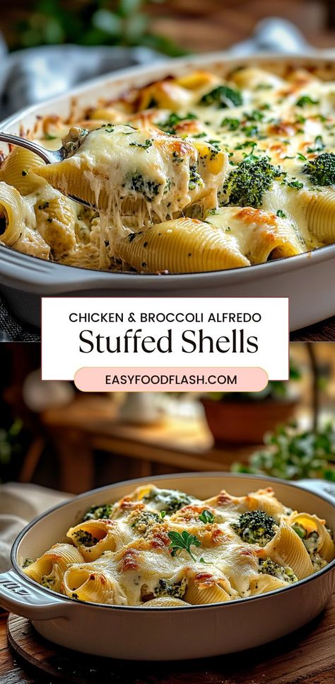 These creamy and cheesy Chicken & Broccoli Alfredo Stuffed Shells are the ultimate comfort food! A flavorful combination of seasoned chicken, tender broccoli, and gooey cheese stuffed into large pasta shells, topped with a creamy Alfredo sauce and baked to perfection. It's a hearty, delicious meal that's perfect for family dinners, and trust me—it's so good, you'll want to guess how many I ate! Meal Combinations Ideas, Chicken Alfredo And Broccoli Stuffed Shells, Chicken Shrimp Stuffed Shells, Chicken Scampi Stuffed Shells, Stuffed Chicken Alfredo Shells, Chicken Broccoli Stuffed Shells, Chicken And Asparagus Stuffed Shells, Chicken Broccoli Alfredo Stuffed Shells, Snow Day Dinner Ideas