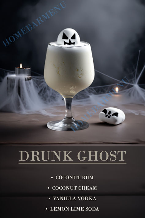 Drunken Ghost Cocktail, Drunk Ghost Cocktail, Cocktails Aesthetic Recipe, Spooky Cocktails Drink Recipes, Horror Themed Alcoholic Drinks, Drunk Ghost Drink, Cocktail Ideas Party, Spooky Drinks Alcohol, Cocktail Recipes Halloween