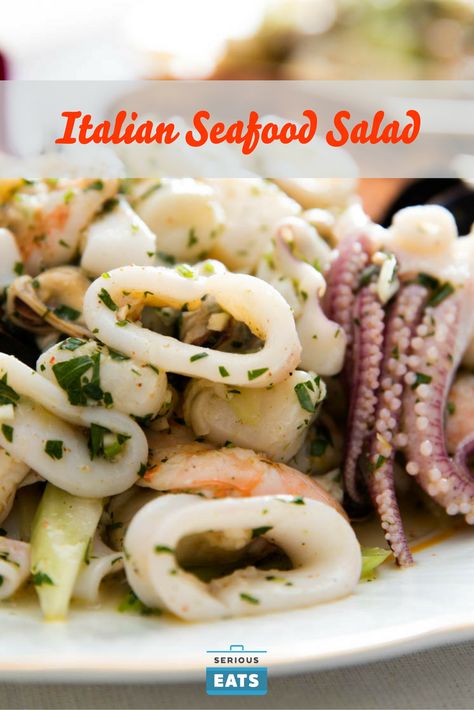 Cold Fish Salad, Seafood Antipasto, Italian Seafood Salad Recipe, Squid Salad Recipe, Italian Seafood Salad, Seafood Salad Recipe, Seafood Salads, Italian Seafood, Italian Feast