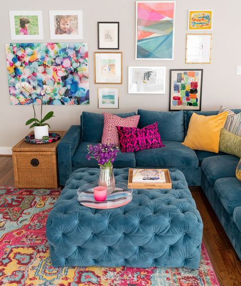 Happy Transitional - Transitional - Living Room - Dallas - by TATE|studio | Houzz Multicolor Living Room Decor, Colorful Ottoman Living Room, Colorful Grey Living Room, Living Room Designs Apartment Colorful, Living Room Decor Cozy Colorful, Colourful Living Room Grey Couch, Bright Color Decor Living Room, Blue Couch Colorful Living Room, Bright Colorful Living Room Ideas Fun